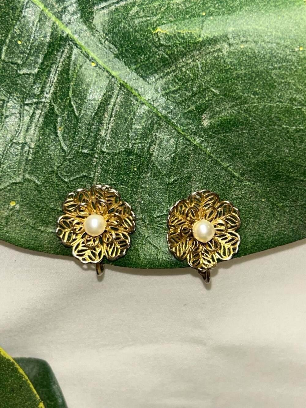 Vintage Gold Tone Filigree Flower Clip-On Earrings with Faux Pearl Center